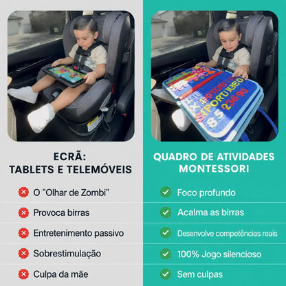Criança no carro a usar quadro de atividades Montessori em vez de tablet.