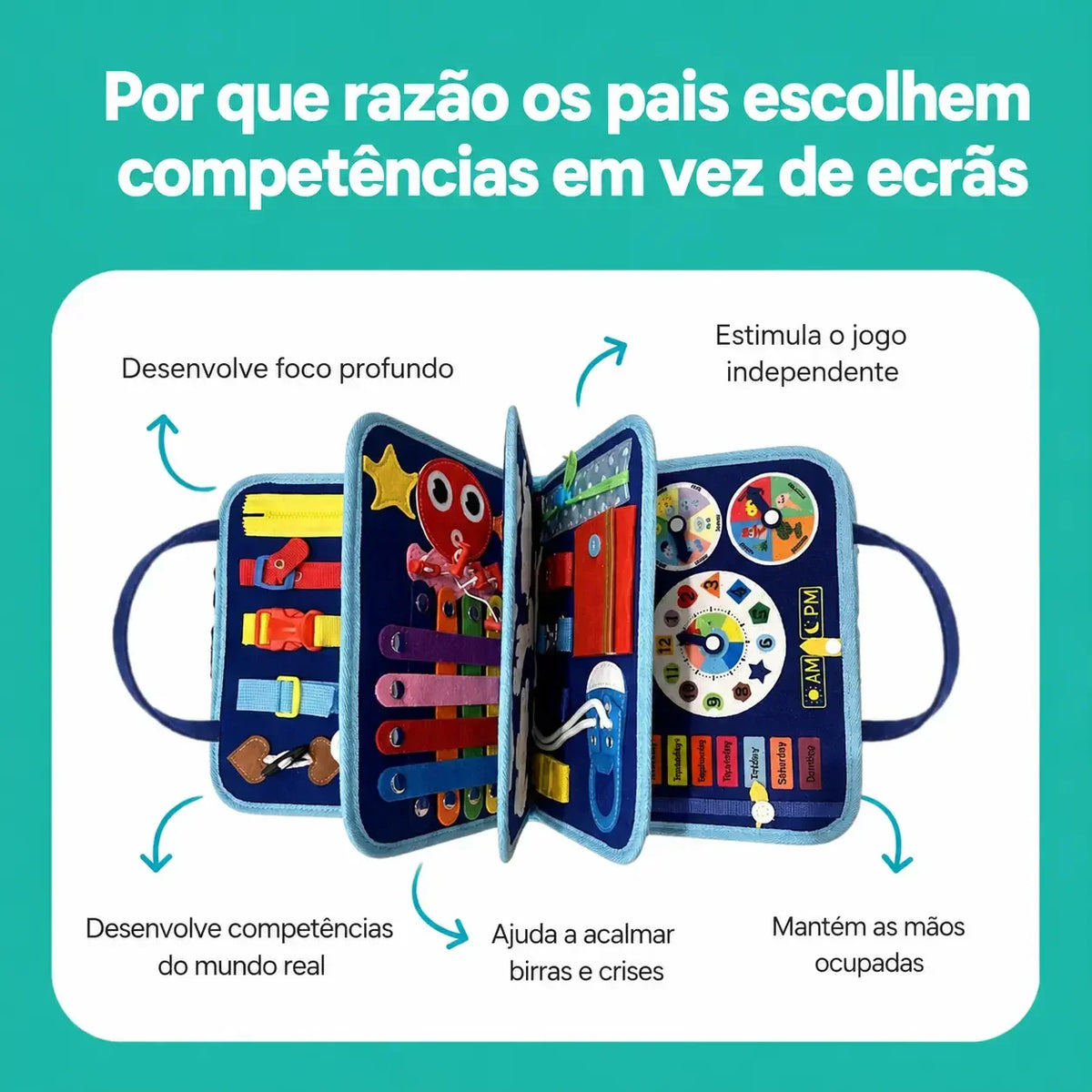 Livro sensorial educativo com atividades de motricidade fina para crianças.