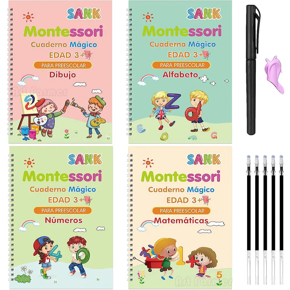 4 Books Magic Writing Book in Spanish Calligraphy Notebook Montessori Kids Reusable Educational Calligraphic Letter Practice Toy