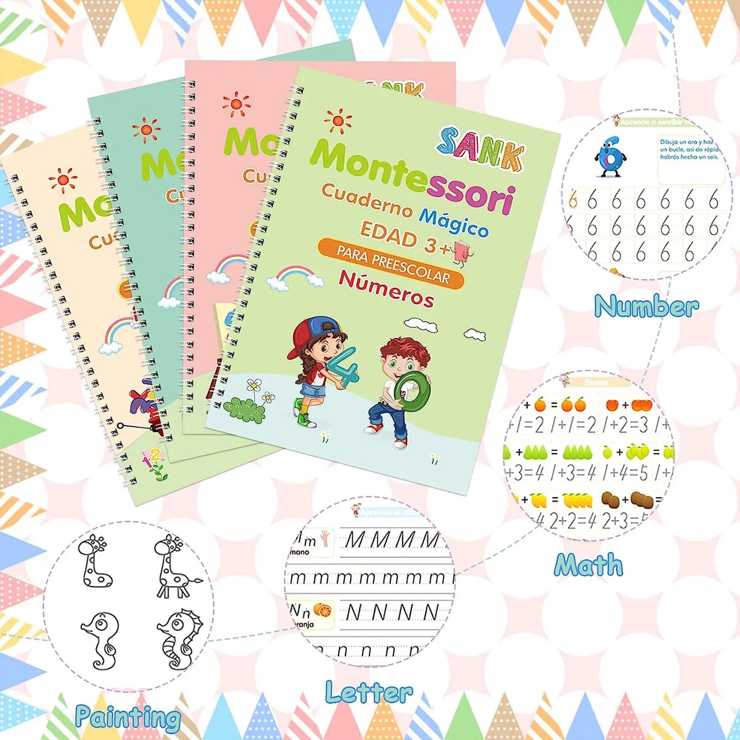 4 Books Magic Writing Book in Spanish Calligraphy Notebook Montessori Kids Reusable Educational Calligraphic Letter Practice Toy