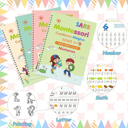4 Books Magic Writing Book in Spanish Calligraphy Notebook Montessori Kids Reusable Educational Calligraphic Letter Practice Toy
