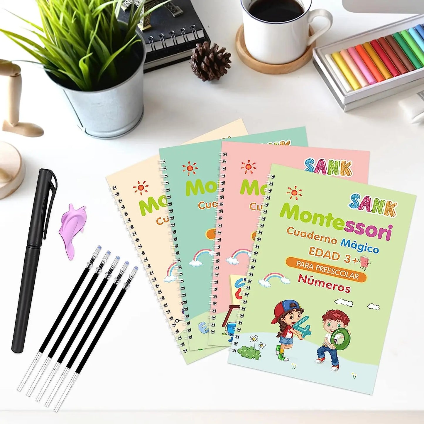4 Books Magic Writing Book in Spanish Calligraphy Notebook Montessori Kids Reusable Educational Calligraphic Letter Practice Toy