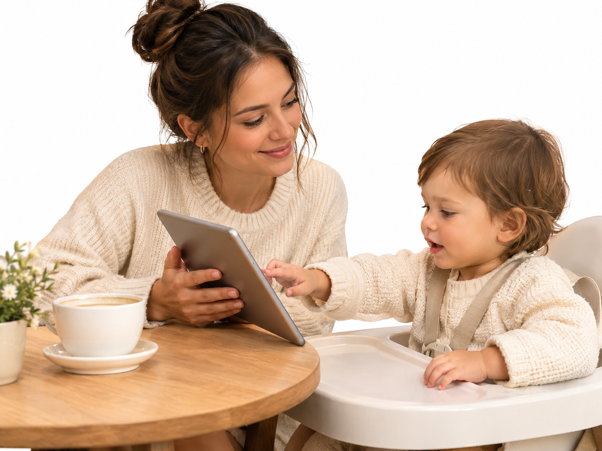 Mãe num café a mostrar um tablet a uma criança inquieta