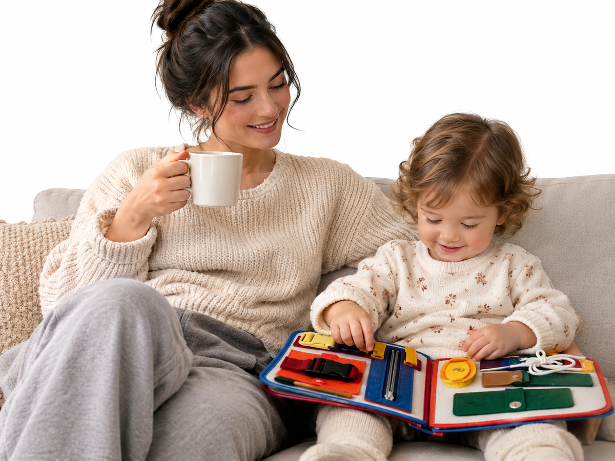 Mãe a beber café enquanto a criança brinca com o busy board
