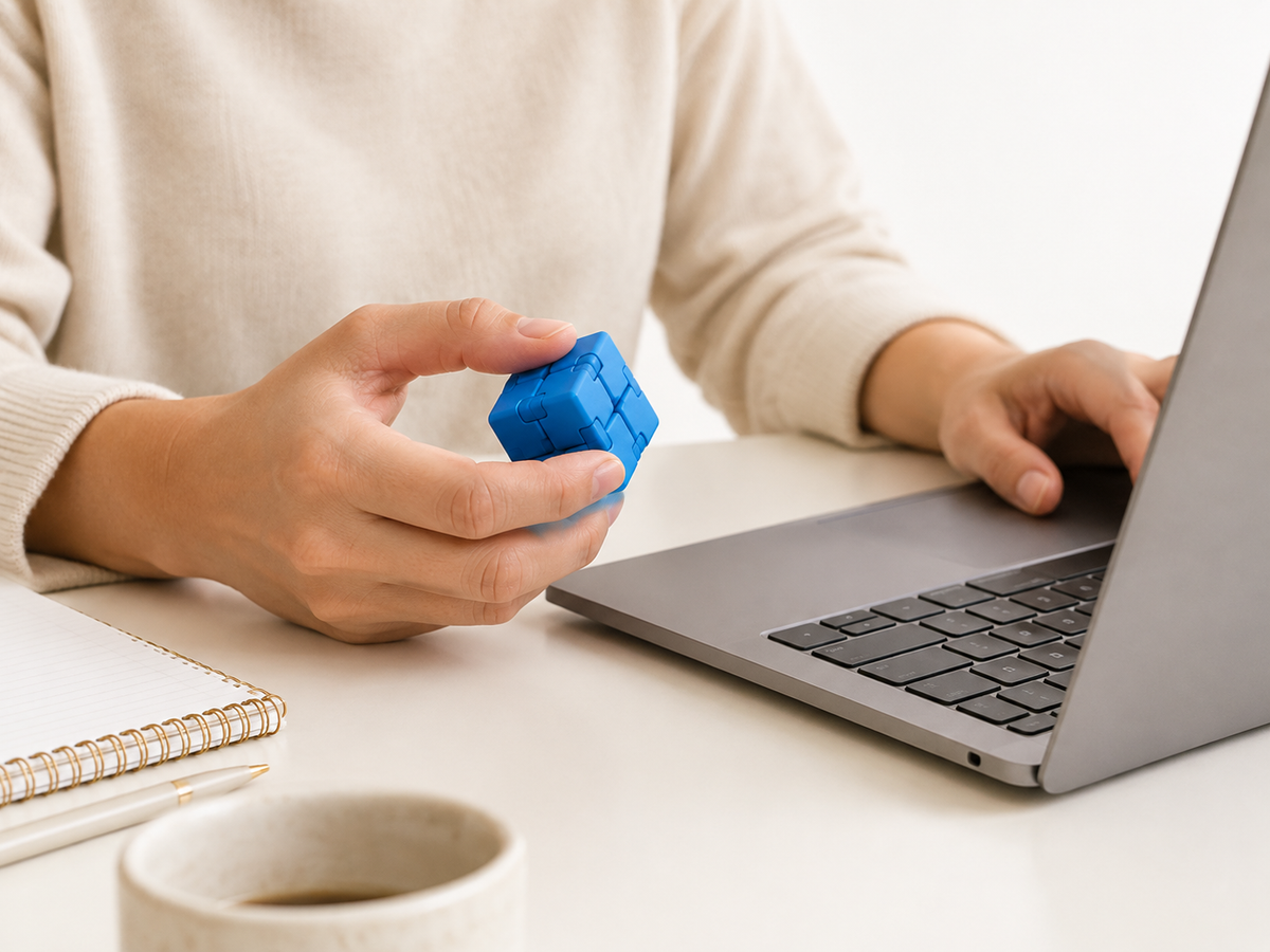 Mãos ao computador a brincar com um cubo infinito azul