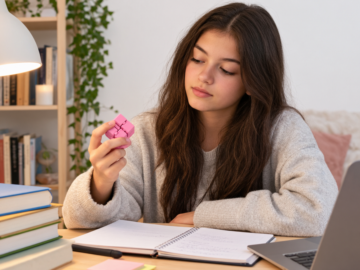Adolescente a estudar com um cubo infinito rosa na mão