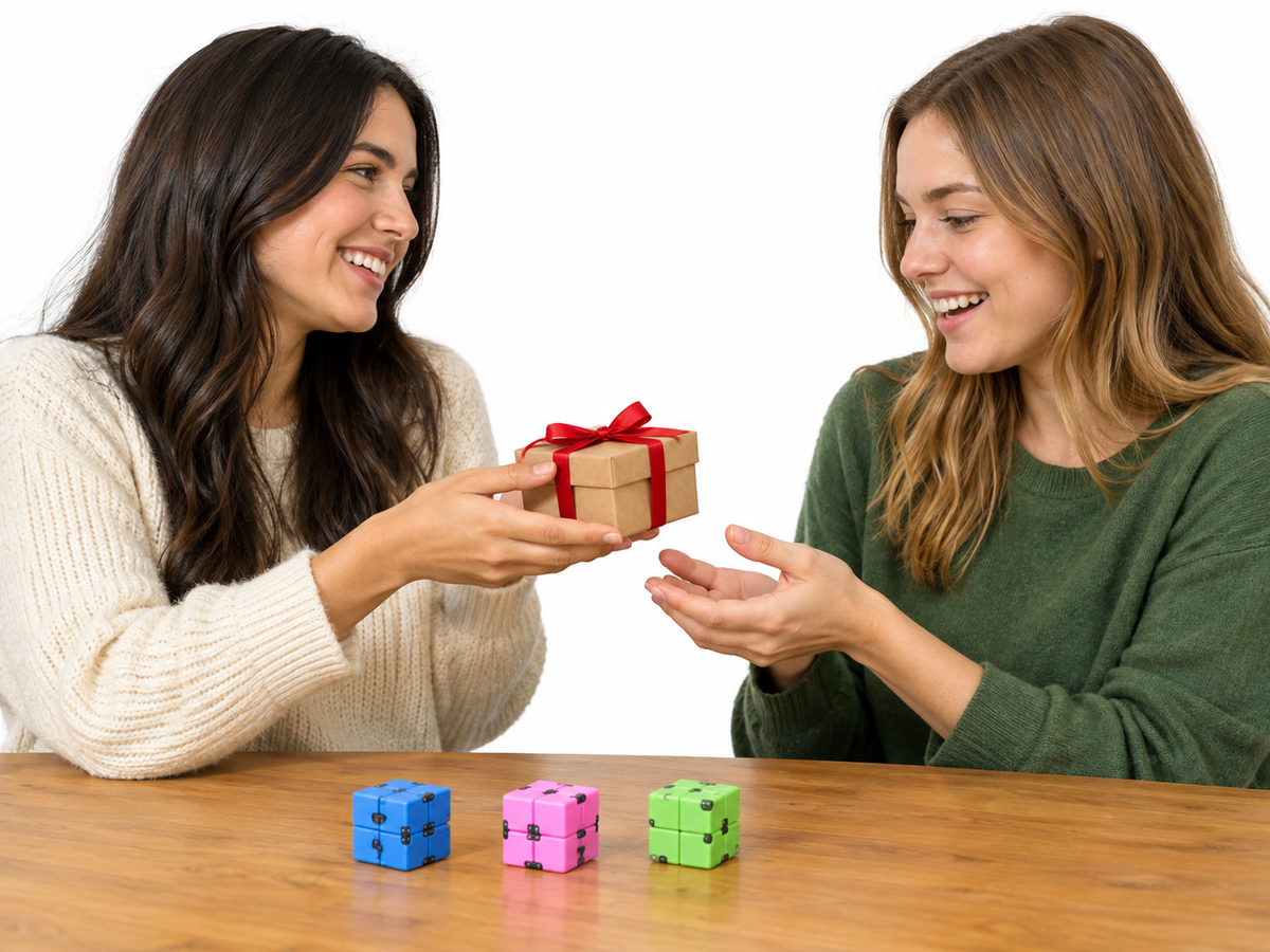 Amigos a oferecer cubos infinito em três cores