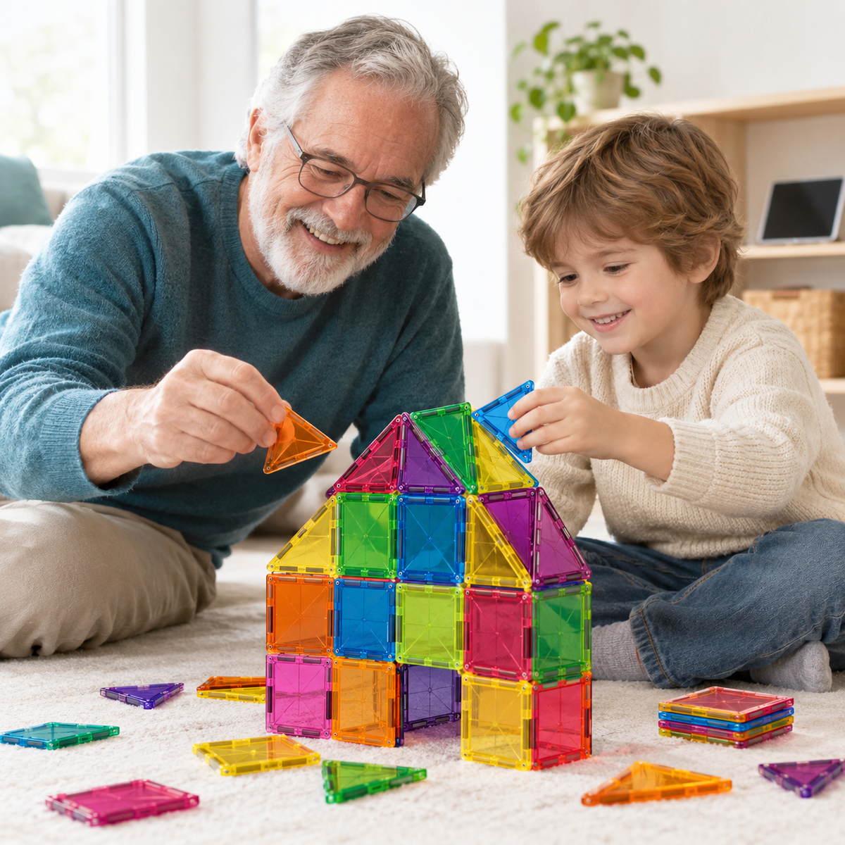 Avô e neto a construir uma casa com peças magnéticas