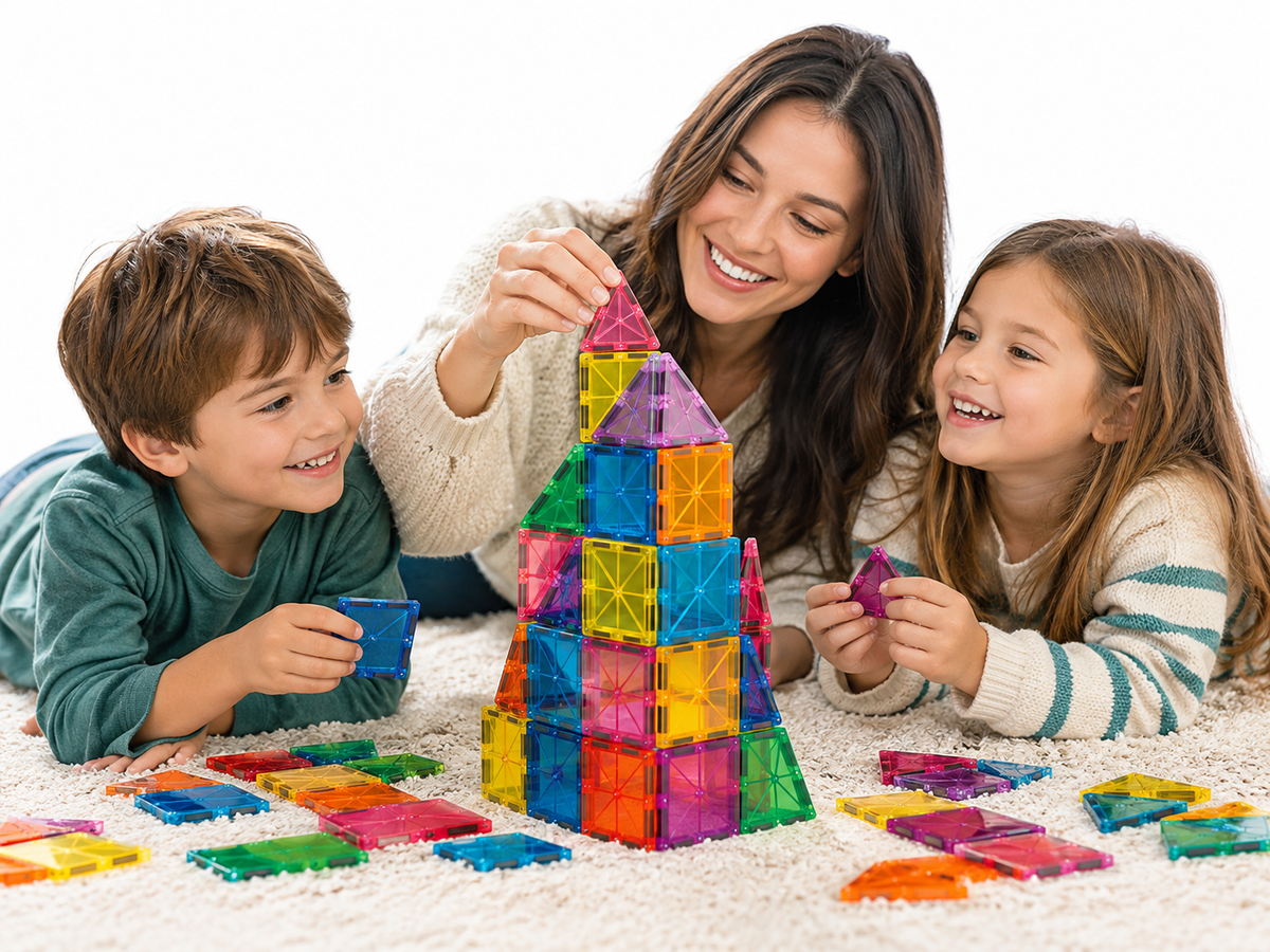 Família a construir uma torre com peças magnéticas